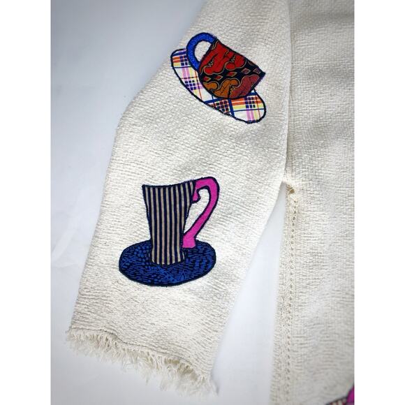 VTG Cat Tea Party Kimono Fringe Jacket Patchwork Embroidered Cottagecore Whimsy - Picture 9 of 12